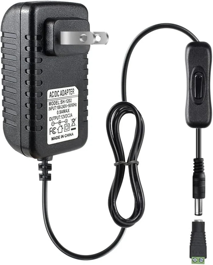 Power Supply Adapter DC 12V with On/Off Switch, 12W–36W Options, AC 100–240V Wall Plug Charger with US Plug, Black/White Housing for LED Strip Lights, Electronics