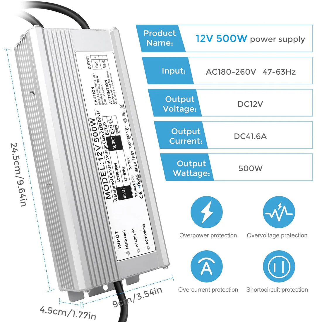 500W 12V/24V Waterproof LED Power Supply, 175-265V Input, Dual Output, Aluminum Housing, Outdoor LED Lighting Driver, CE/RoHS/FCC Certified, UK/EU Plug