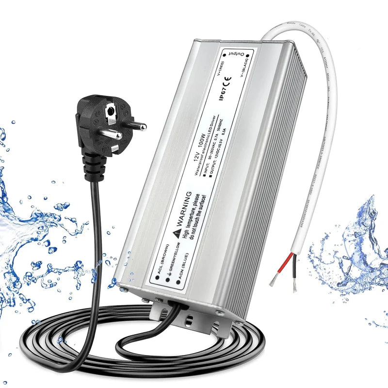 12V Waterproof LED Power Supply, 30W–300W Outdoor LED Driver, 90–265V AC Input, Single or Dual Wire Output, CE/RoHS/FCC Certified, US / UK / EU Plug & Wire Lead Options