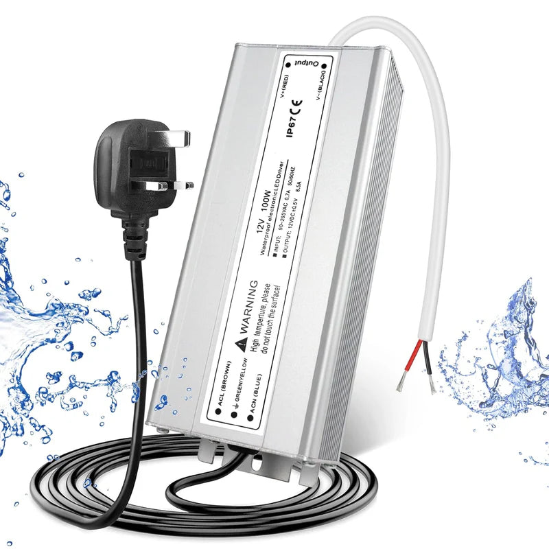 12V Waterproof LED Power Supply, 30W–300W Outdoor LED Driver, 90–265V AC Input, Single or Dual Wire Output, CE/RoHS/FCC Certified, US / UK / EU Plug & Wire Lead Options