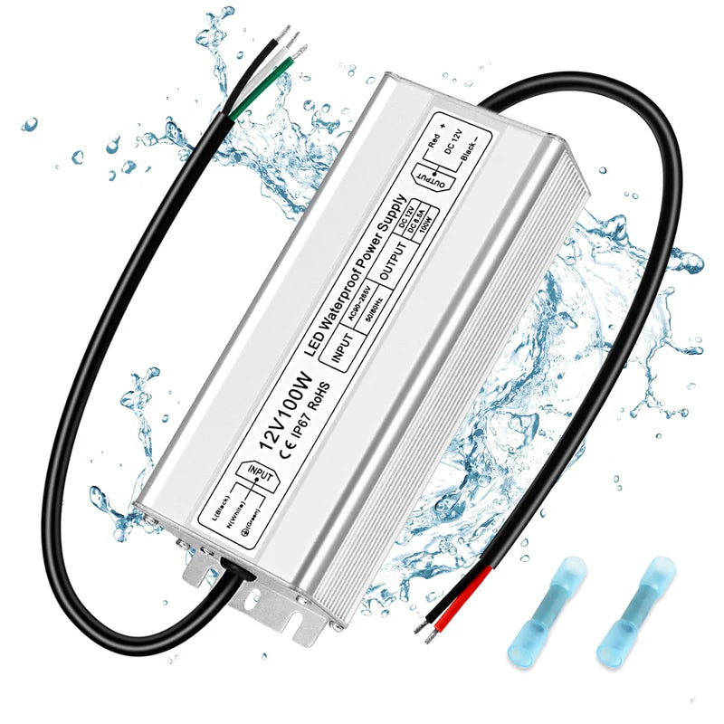 12V Waterproof LED Power Supply, 30W–300W Outdoor LED Driver, 90–265V AC Input, Single or Dual Wire Output, CE/RoHS/FCC Certified, US / UK / EU Plug & Wire Lead Options