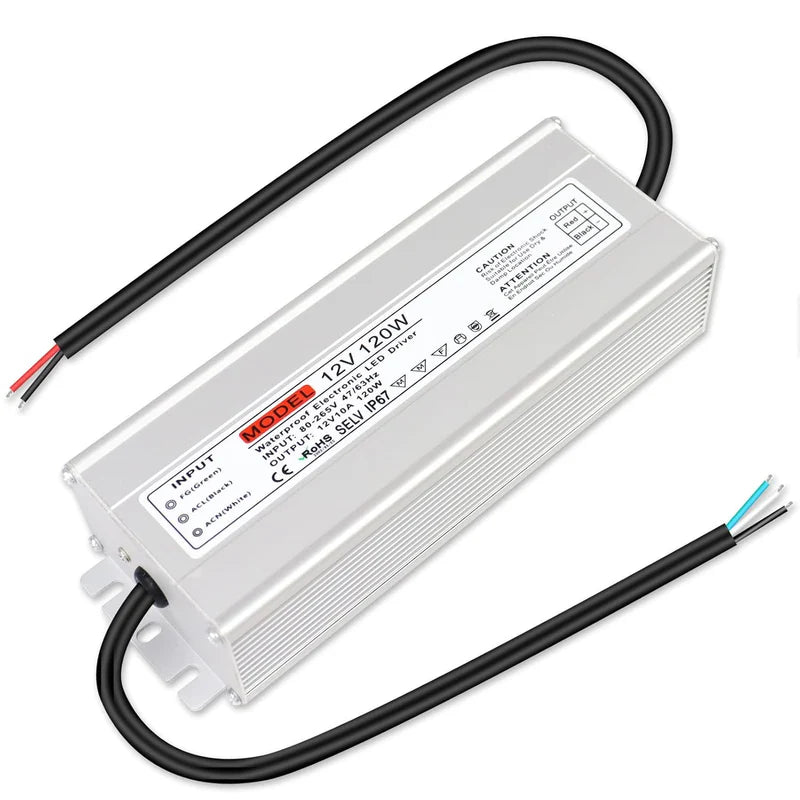 12V Waterproof LED Power Supply, 30W–300W Outdoor LED Driver, 90–265V AC Input, Single or Dual Wire Output, CE/RoHS/FCC Certified, US / UK / EU Plug & Wire Lead Options