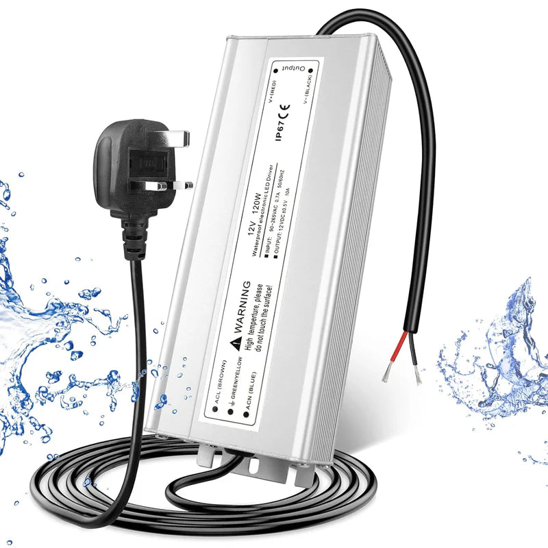 12V Waterproof LED Power Supply, 30W–300W Outdoor LED Driver, 90–265V AC Input, Single or Dual Wire Output, CE/RoHS/FCC Certified, US / UK / EU Plug & Wire Lead Options