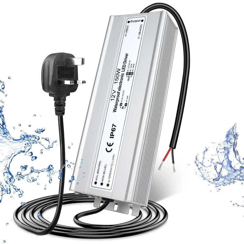12V Waterproof LED Power Supply, 30W–300W Outdoor LED Driver, 90–265V AC Input, Single or Dual Wire Output, CE/RoHS/FCC Certified, US / UK / EU Plug & Wire Lead Options