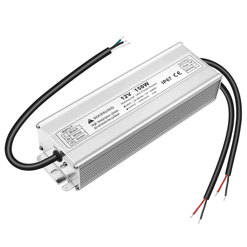 12V Waterproof LED Power Supply, 30W–300W Outdoor LED Driver, 90–265V AC Input, Single or Dual Wire Output, CE/RoHS/FCC Certified, US / UK / EU Plug & Wire Lead Options
