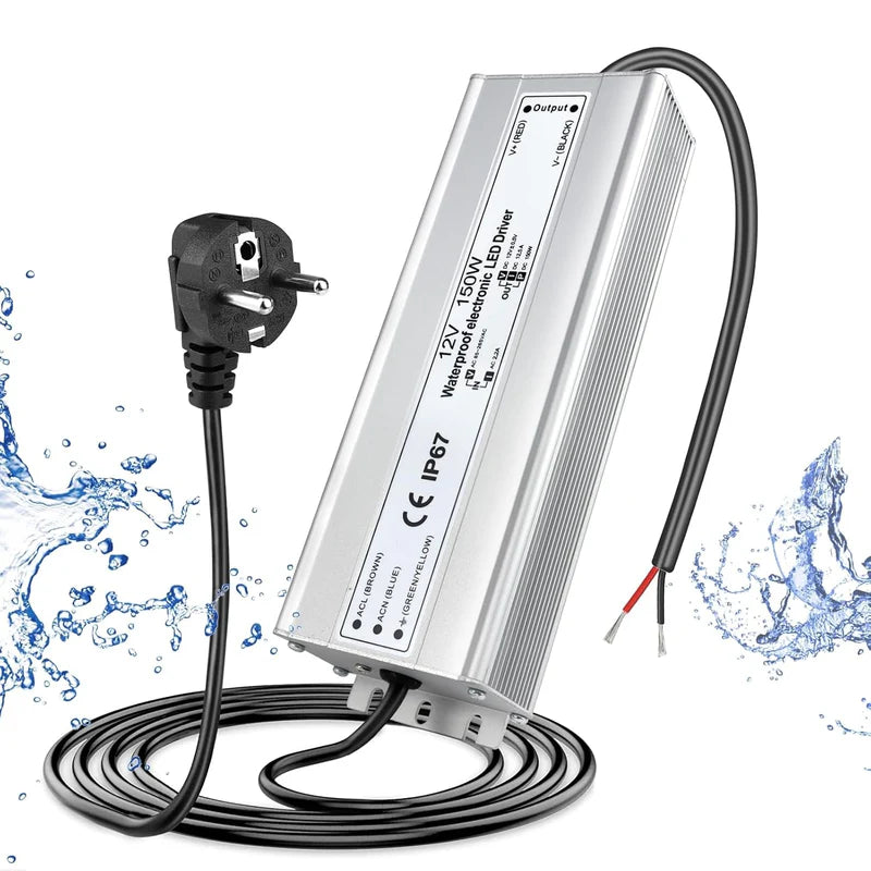 12V Waterproof LED Power Supply, 30W–300W Outdoor LED Driver, 90–265V AC Input, Single or Dual Wire Output, CE/RoHS/FCC Certified, US / UK / EU Plug & Wire Lead Options