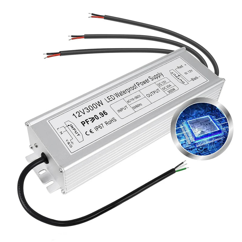12V Waterproof LED Power Supply, 30W–300W Outdoor LED Driver, 90–265V AC Input, Single or Dual Wire Output, CE/RoHS/FCC Certified, US / UK / EU Plug & Wire Lead Options