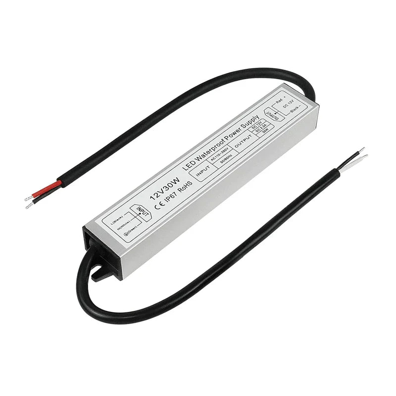12V Waterproof LED Power Supply, 30W–300W Outdoor LED Driver, 90–265V AC Input, Single or Dual Wire Output, CE/RoHS/FCC Certified, US / UK / EU Plug & Wire Lead Options