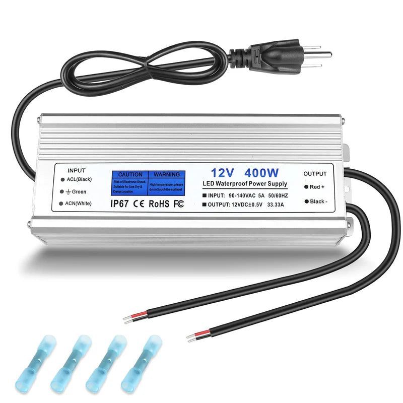 12V Waterproof LED Transformer, 200W–500W Outdoor LED Driver, 90–140V AC Input, Single or Dual Wire Output, CE/RoHS/FCC Certified, US Plug & Wire Lead Options