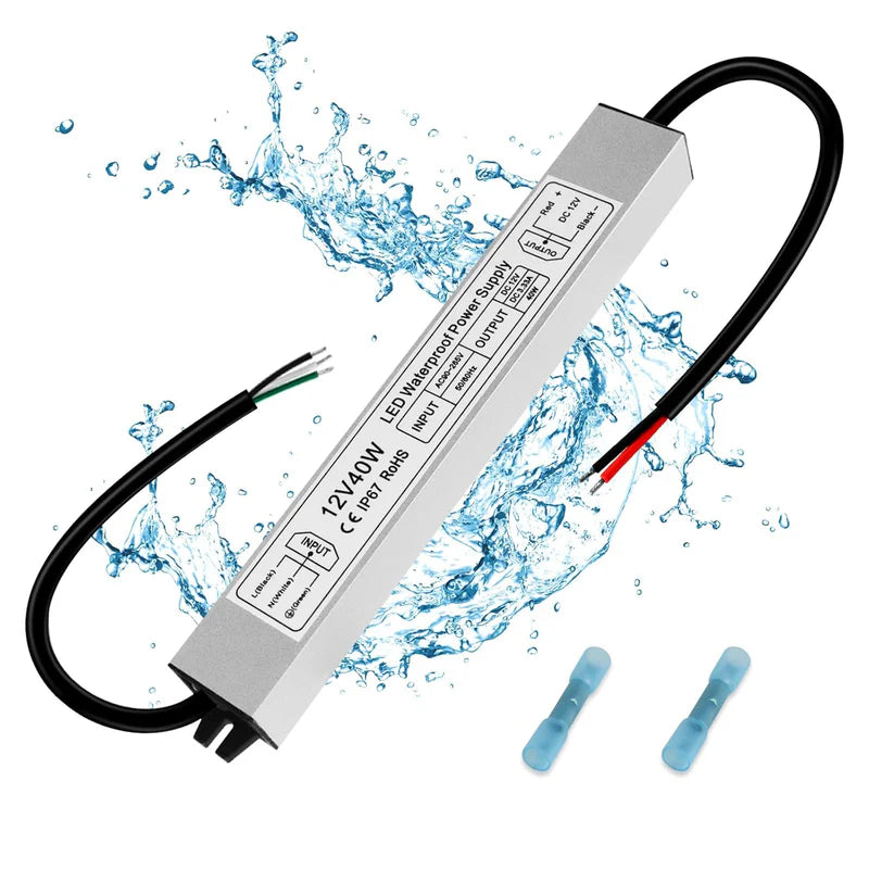 12V Waterproof LED Power Supply, 30W–300W Outdoor LED Driver, 90–265V AC Input, Single or Dual Wire Output, CE/RoHS/FCC Certified, US / UK / EU Plug & Wire Lead Options