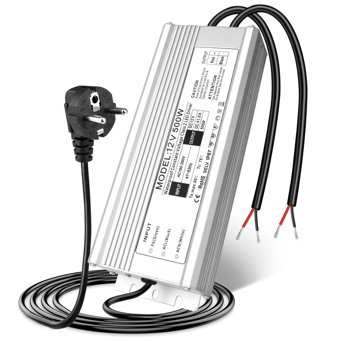 500W 12V/24V Waterproof LED Power Supply, 175-265V Input, Dual Output, Aluminum Housing, Outdoor LED Lighting Driver, CE/RoHS/FCC Certified, UK/EU Plug