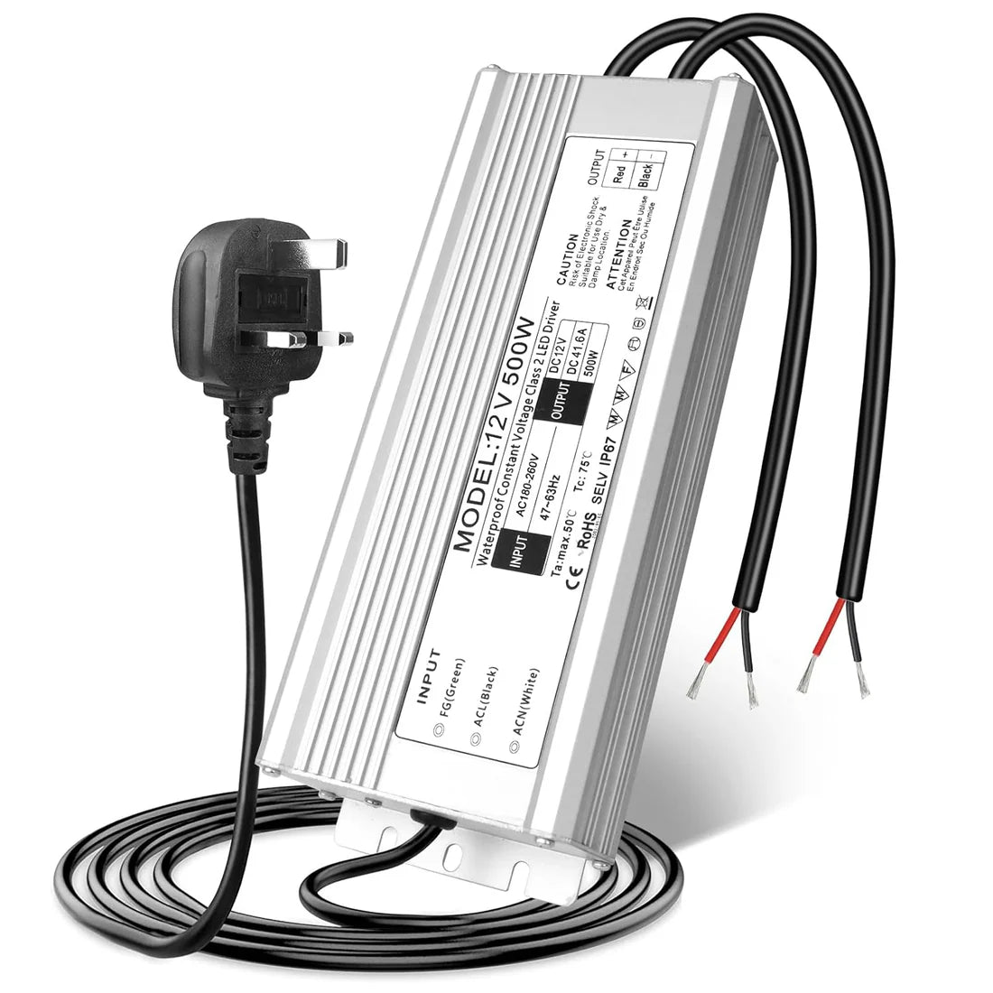 500W 12V/24V Waterproof LED Power Supply, 175-265V Input, Dual Output, Aluminum Housing, Outdoor LED Lighting Driver, CE/RoHS/FCC Certified, UK/EU Plug