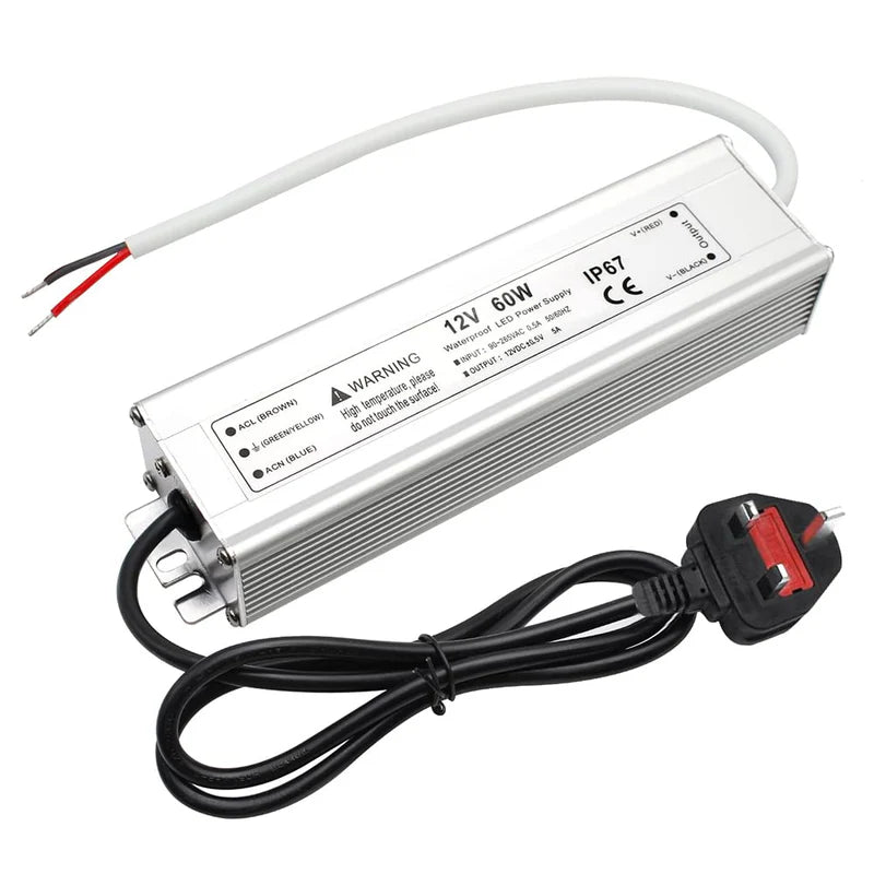 12V Waterproof LED Power Supply, 30W–300W Outdoor LED Driver, 90–265V AC Input, Single or Dual Wire Output, CE/RoHS/FCC Certified, US / UK / EU Plug & Wire Lead Options
