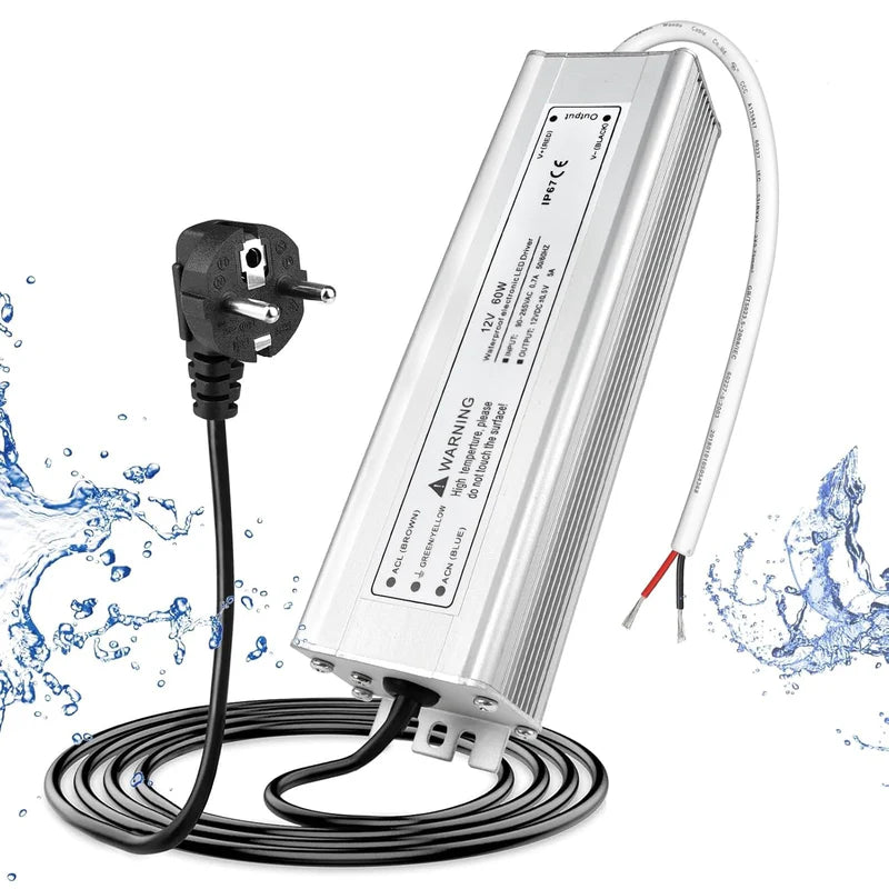 12V Waterproof LED Power Supply, 30W–300W Outdoor LED Driver, 90–265V AC Input, Single or Dual Wire Output, CE/RoHS/FCC Certified, US / UK / EU Plug & Wire Lead Options