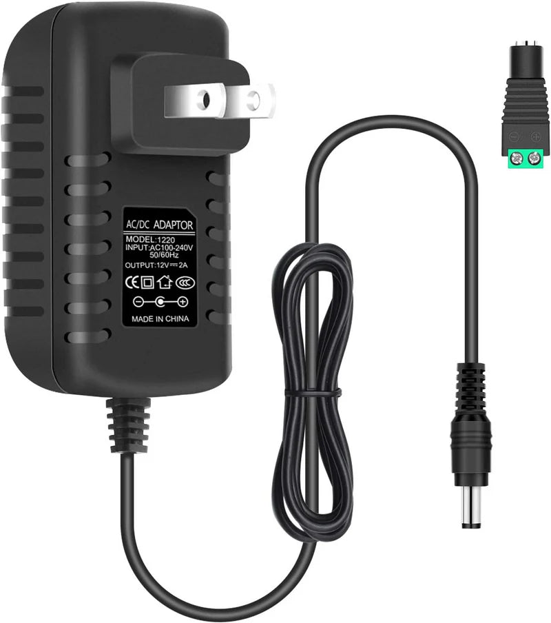 Power Supply Adapter DC 12V 12W–24W, AC 100–240V Wall Plug Transformer with US/UK Plug, Black Case LED Driver for LED Strip Lights, CCTV, Electronics
