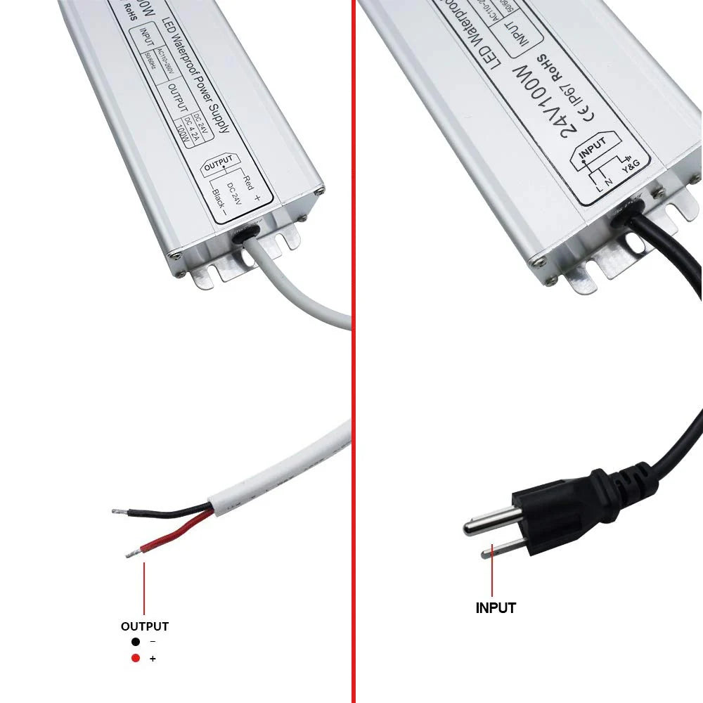 100W 12V/24V Waterproof LED Power Supply, 90-265V Input, Single Output, Aluminum Housing, Outdoor LED Lighting Driver, CE/RoHS/FCC Certified, US/UK/EU Plug