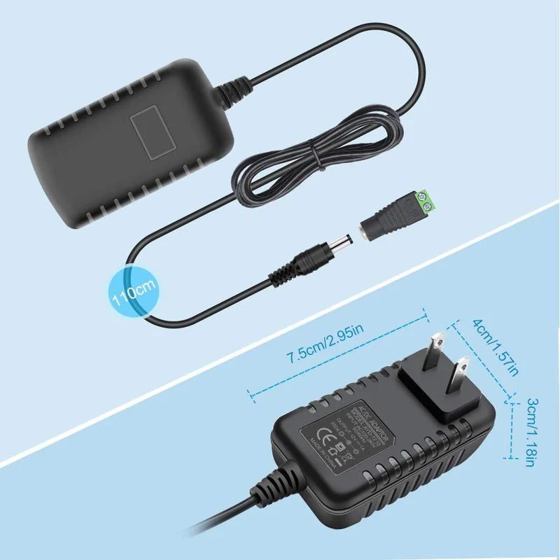 Power Supply Adapter DC 12V 12W–24W, AC 100–240V Wall Plug Transformer with US/UK Plug, Black Case LED Driver for LED Strip Lights, CCTV, Electronics