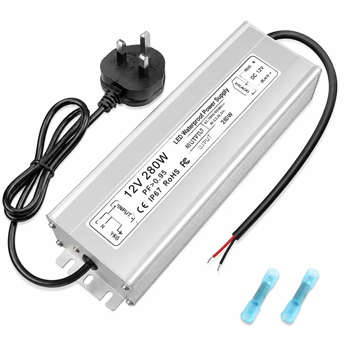 280W 12V/24V Waterproof LED Power Supply, 90-265V Input, Single Output, Aluminum Housing, Outdoor LED Lighting Driver, CE/RoHS/FCC Certified, US/UK/EU Plug