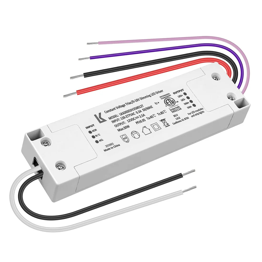 30W 12V DC Plastic Case Triac Dimmable LED Driver, ETL Listed, AC 120-277V Input, LED Driver for LED Strip Lighting / Under Cabinet Lighting / Home Ambient Lighting