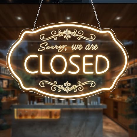 SORRY, WE ARE CLOSED LED Silicone LED shop signs – 16.5×9 Inch (42×23 cm) Horizontal Style | 5V USB Powered Warm White Dimmable Light for Storefront Window & Business Decor