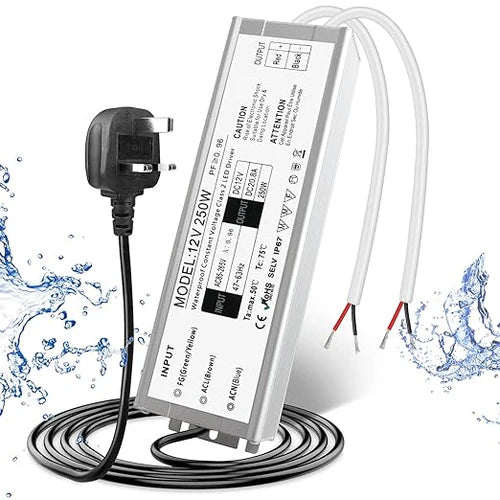 250W 12V/24V Waterproof LED Power Supply, 90-265V Input, Single/Dual Output, Aluminum Housing, Outdoor LED Lighting Driver, CE/RoHS/FCC Certified, US/UK/EU Plug