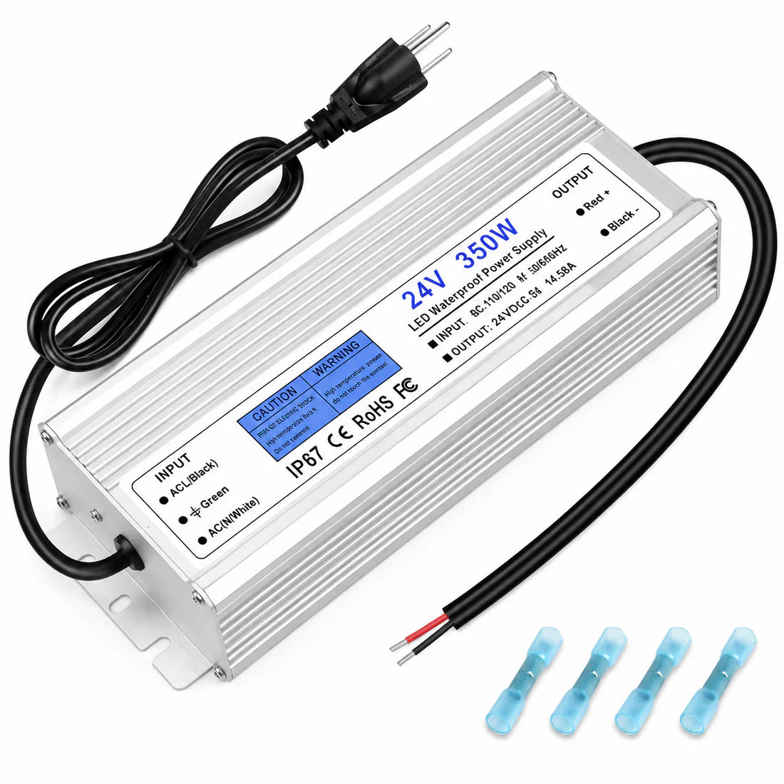 350W 12V/24V/36V/48V Waterproof LED Power Supply, 90-140V Input, Single/Dual Output, Aluminum Housing, Outdoor LED Lighting Driver, CE/RoHS/FCC Certified, US Plug