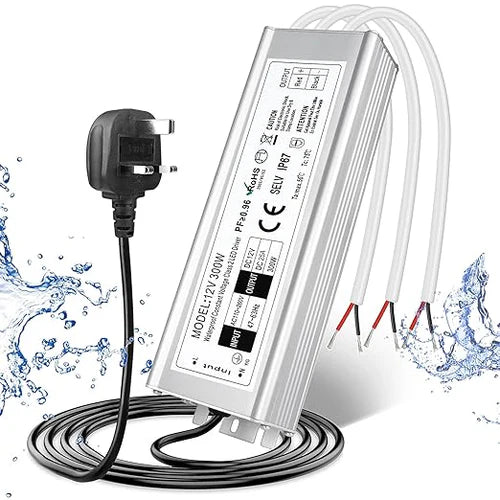 300W 12V/24V Waterproof LED Power Supply, 90-265V Input, Single/Dual/Triple Wire Output, Aluminum Housing, Outdoor LED Lighting Driver, CE/RoHS/FCC Certified, US/UK/EU Plug