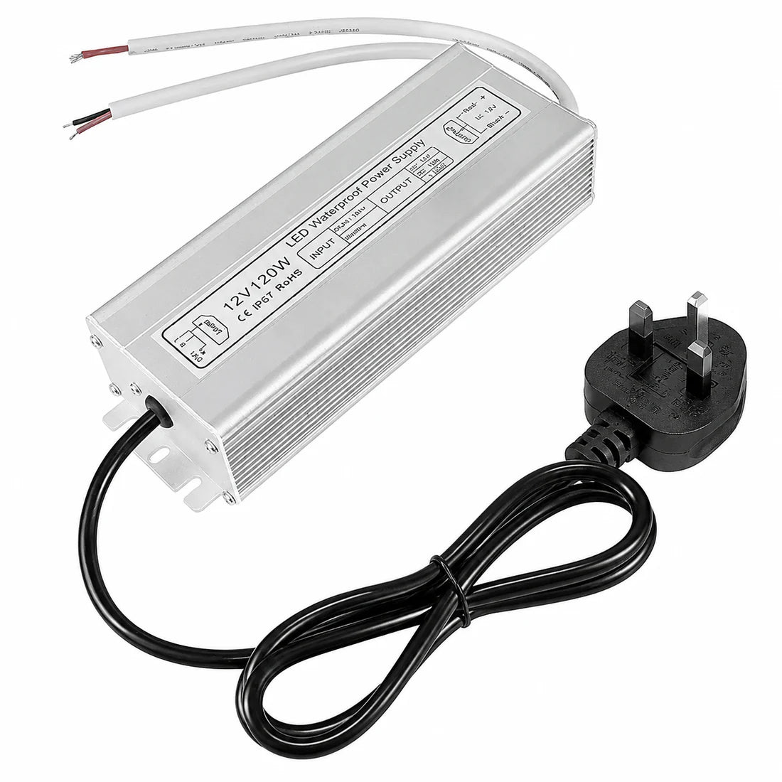 120W 12V/24V Waterproof LED Power Supply, 90-265V Input, Single/Dual Output, Aluminum Housing, Outdoor LED Lighting Driver, CE/RoHS/FCC Certified, US/UK/EU Plug