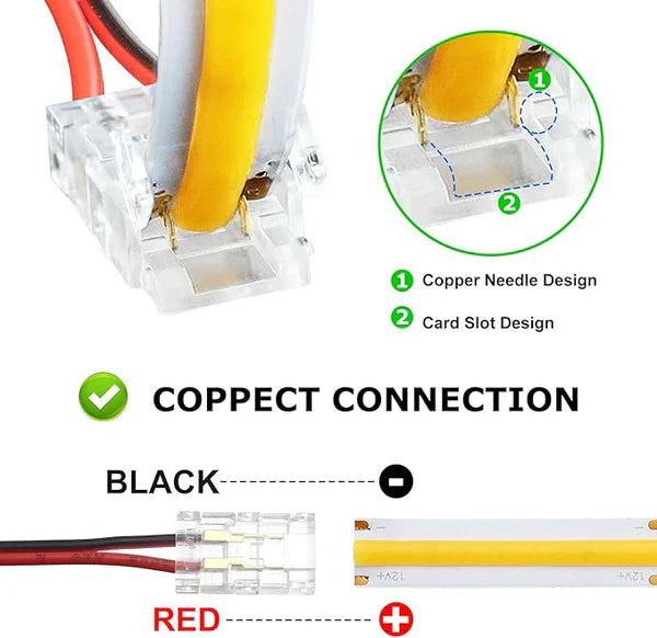 LightingWill LED Strip Connector 10mm 2Pin Transparent Solderless Clips, LED Light Strip Connector Crystal Strip to Wire Strip to Strip DC Adapter Connector, Bulk 500pcs MOQ Factory Direct