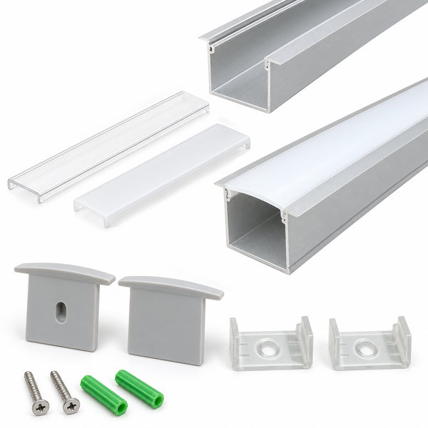 Silver U05 36x24mm U-Shape LED Aluminum Channel, 20mm Inner Width, with Cover, End Caps & Mounting Clips for Spot-Free LED Strip Lighting