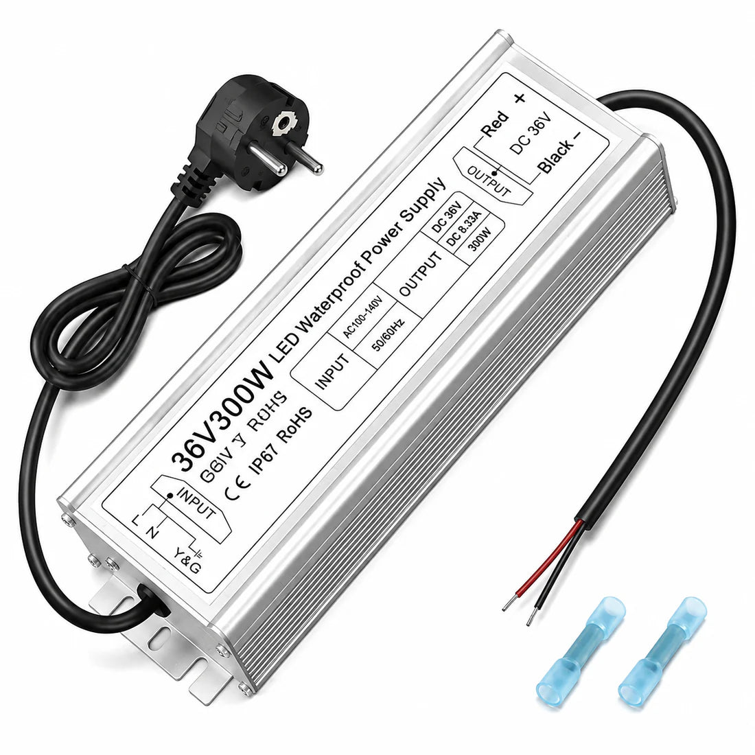 300W 36V/48V Waterproof LED Power Supply, 175-265V Input, Single Output, Aluminum Housing, Outdoor LED Lighting Driver, CE/RoHS/FCC Certified, UK/EU Plug