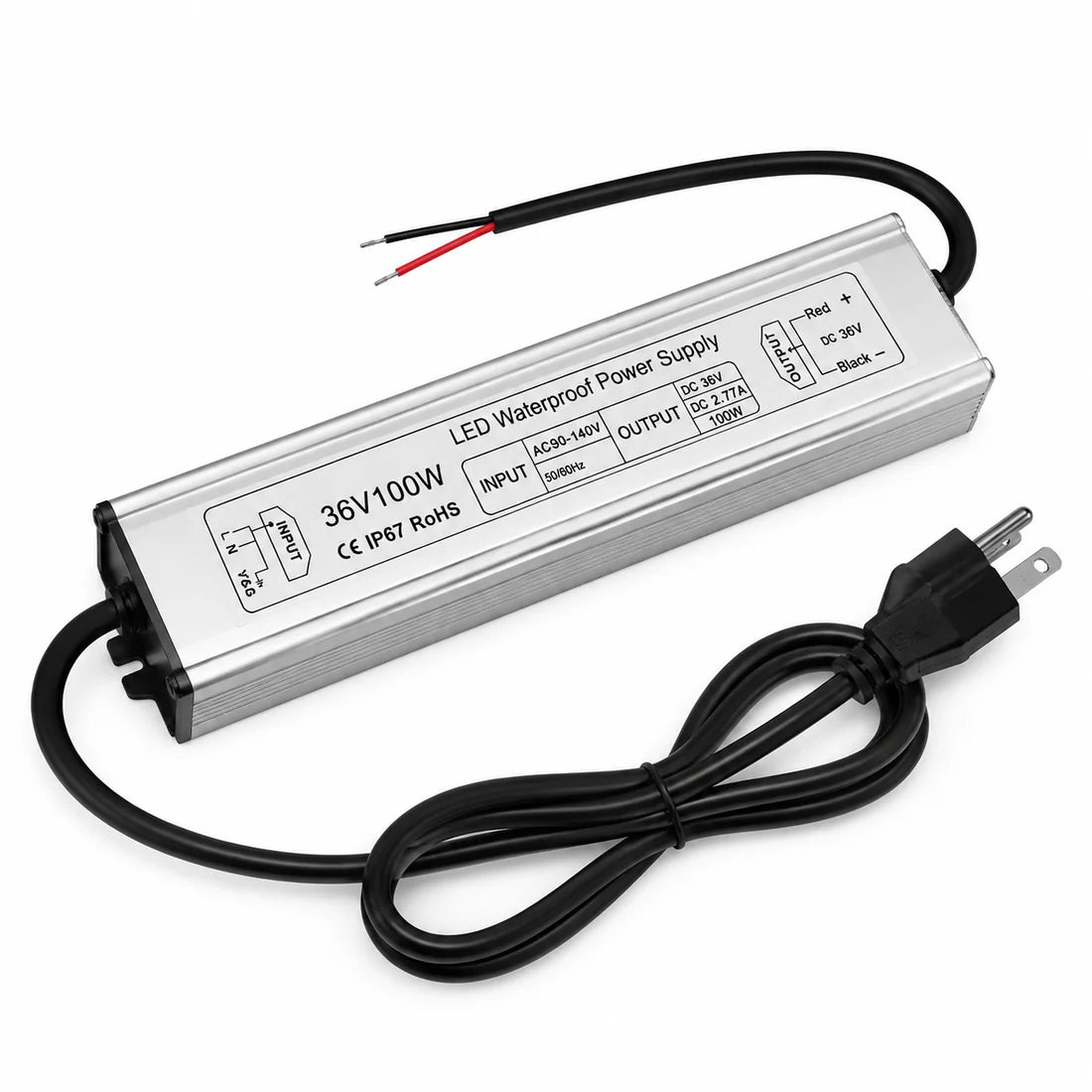 100W 36V/48V Waterproof LED Power Supply, 175-265V Input, Single Output, Aluminum Housing, Outdoor LED Lighting Driver, CE/RoHS/FCC Certified, US/UK/EU Plug