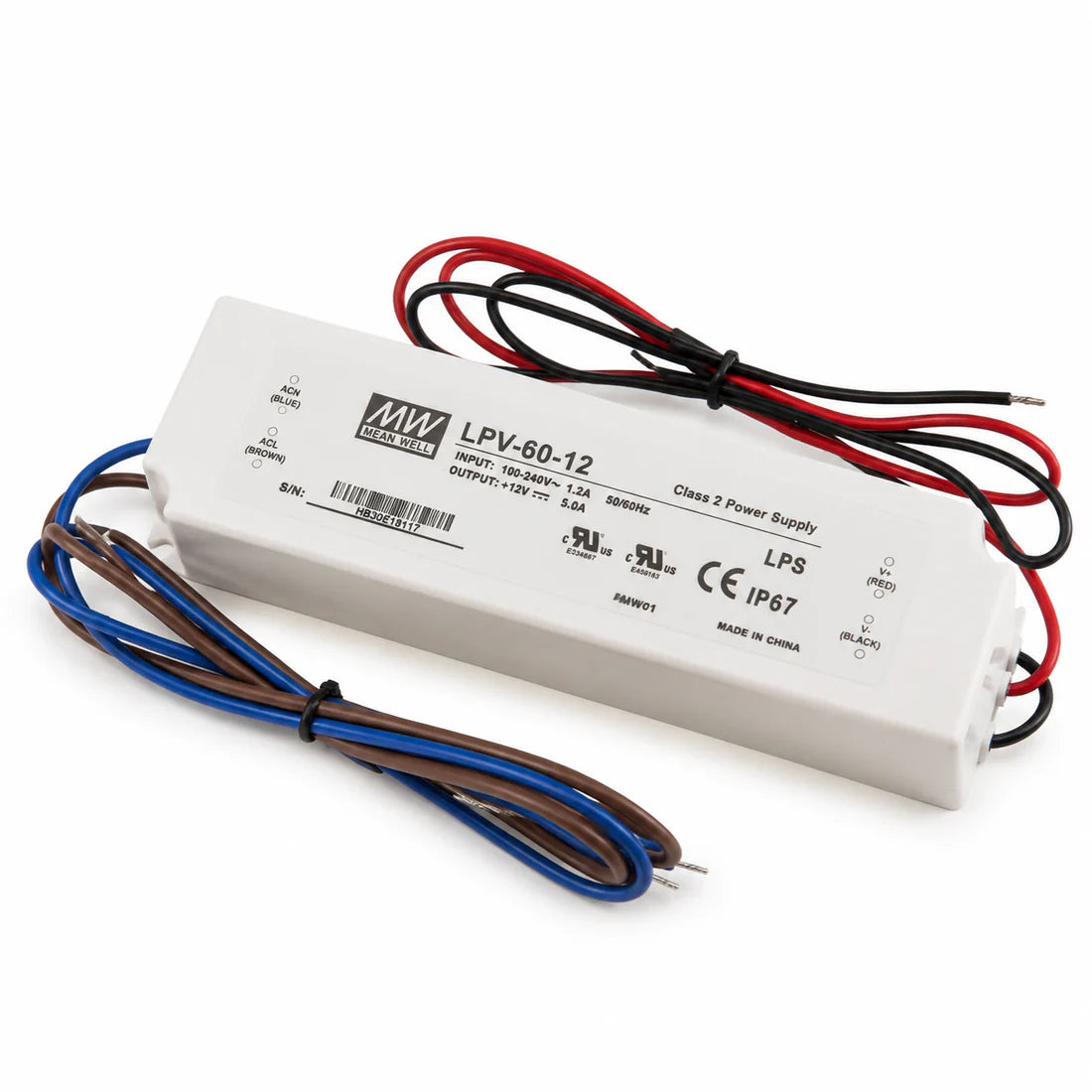 MEANWELL LPV Series 60W IP67 Waterproof Switching Power Supply, 12V/24V DC Output, AC90-264V Input, UL/CE Certified, Plastic Housing, Outdoor Power Supply