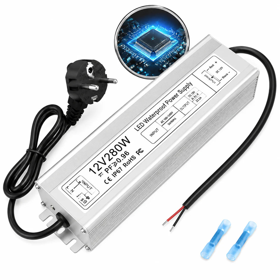 280W 12V/24V Waterproof LED Power Supply, 90-265V Input, Single Output, Aluminum Housing, Outdoor LED Lighting Driver, CE/RoHS/FCC Certified, US/UK/EU Plug