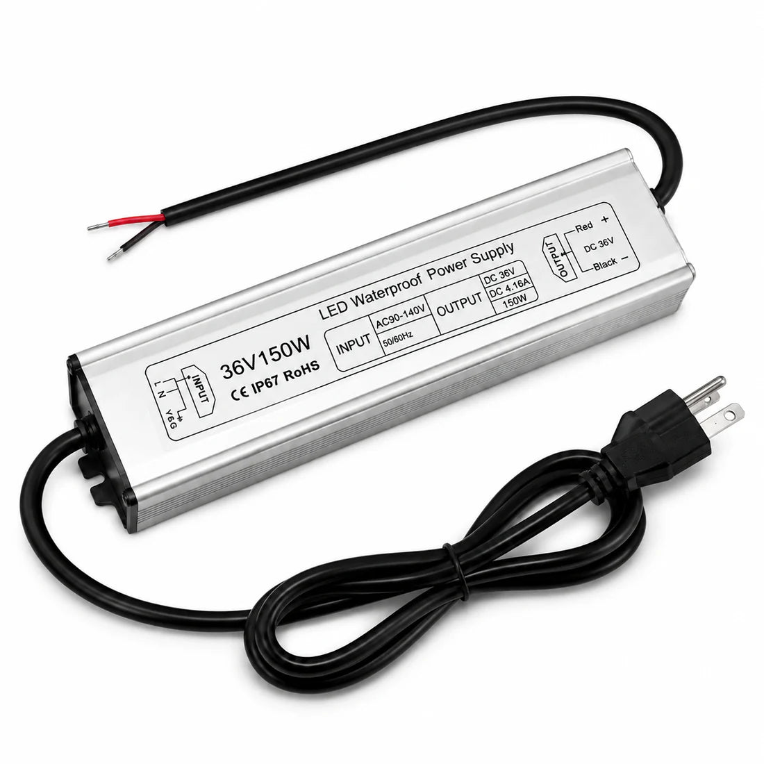 150W 36V/48V Waterproof LED Power Supply, 90-140V Input, Single Output, Aluminum Housing, Outdoor LED Lighting Driver, CE/RoHS/FCC Certified, US Plug
