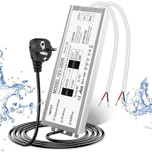 250W 12V/24V Waterproof LED Power Supply, 90-265V Input, Single/Dual Output, Aluminum Housing, Outdoor LED Lighting Driver, CE/RoHS/FCC Certified, US/UK/EU Plug