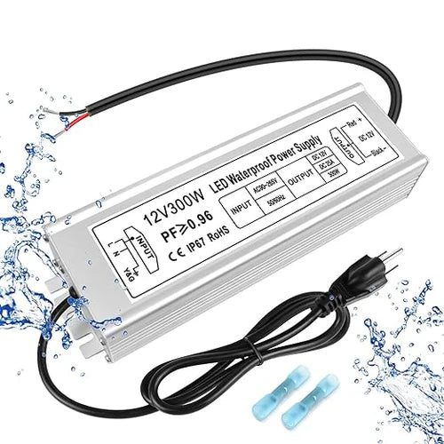 300W 12V/24V Waterproof LED Power Supply, 90-265V Input, Single/Dual/Triple Wire Output, Aluminum Housing, Outdoor LED Lighting Driver, CE/RoHS/FCC Certified, US/UK/EU Plug