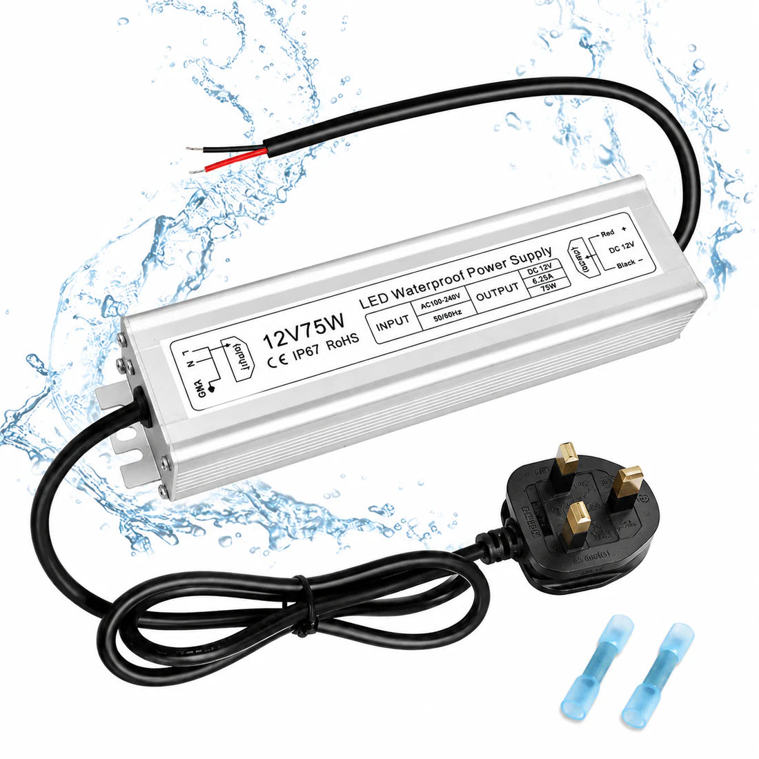 75W 12V Waterproof LED Power Supply, 90-265V Input, Single Output, Aluminum Housing, Outdoor LED Lighting Driver, CE/RoHS/FCC Certified, US/UK/EU Plug