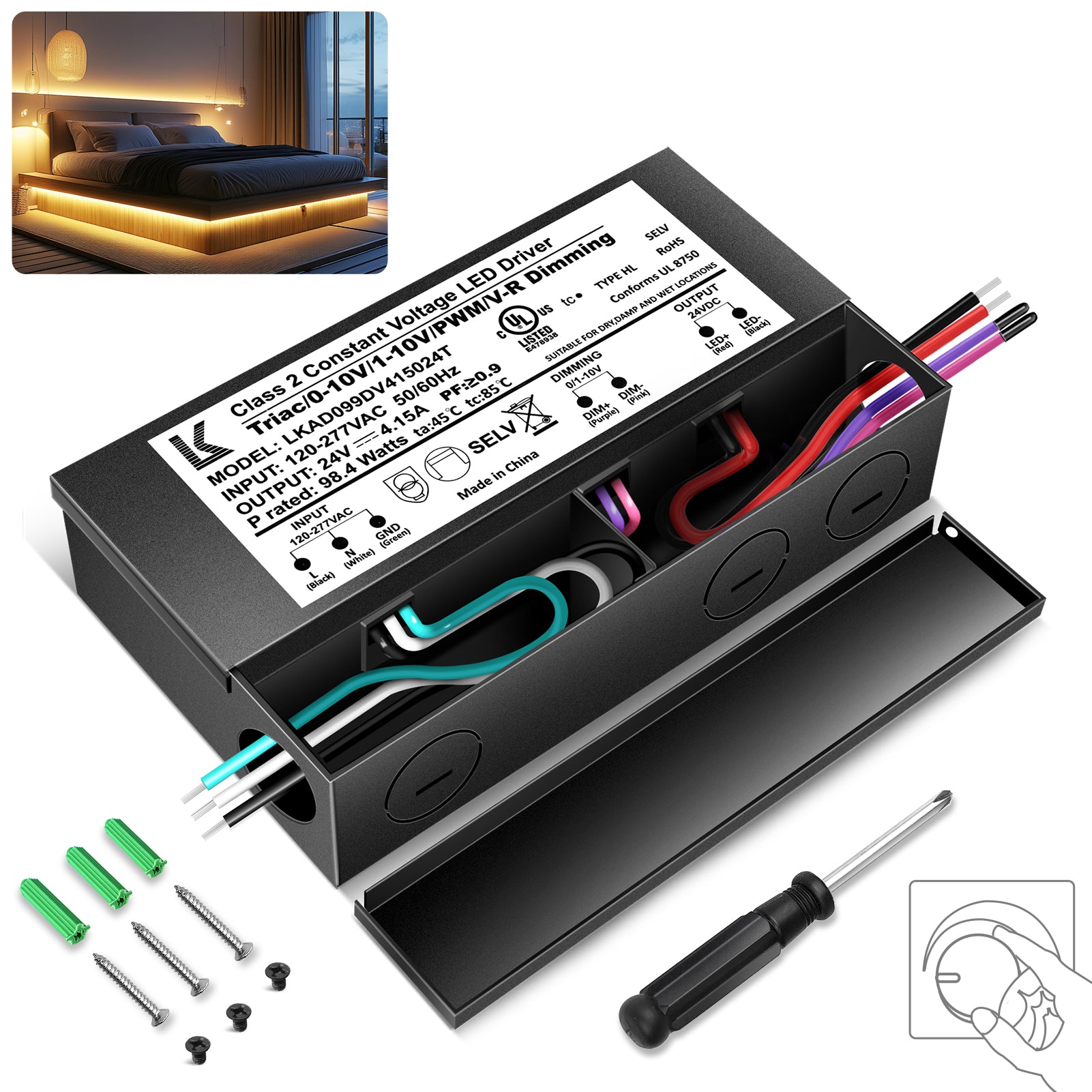 100W 24V DC Steel Case Triac Dimmable LED Driver, UL Listed, AC 120-277V Input, LED Driver for LED Strip Lighting / Under Cabinet Lighting / Home Ambient Lighting