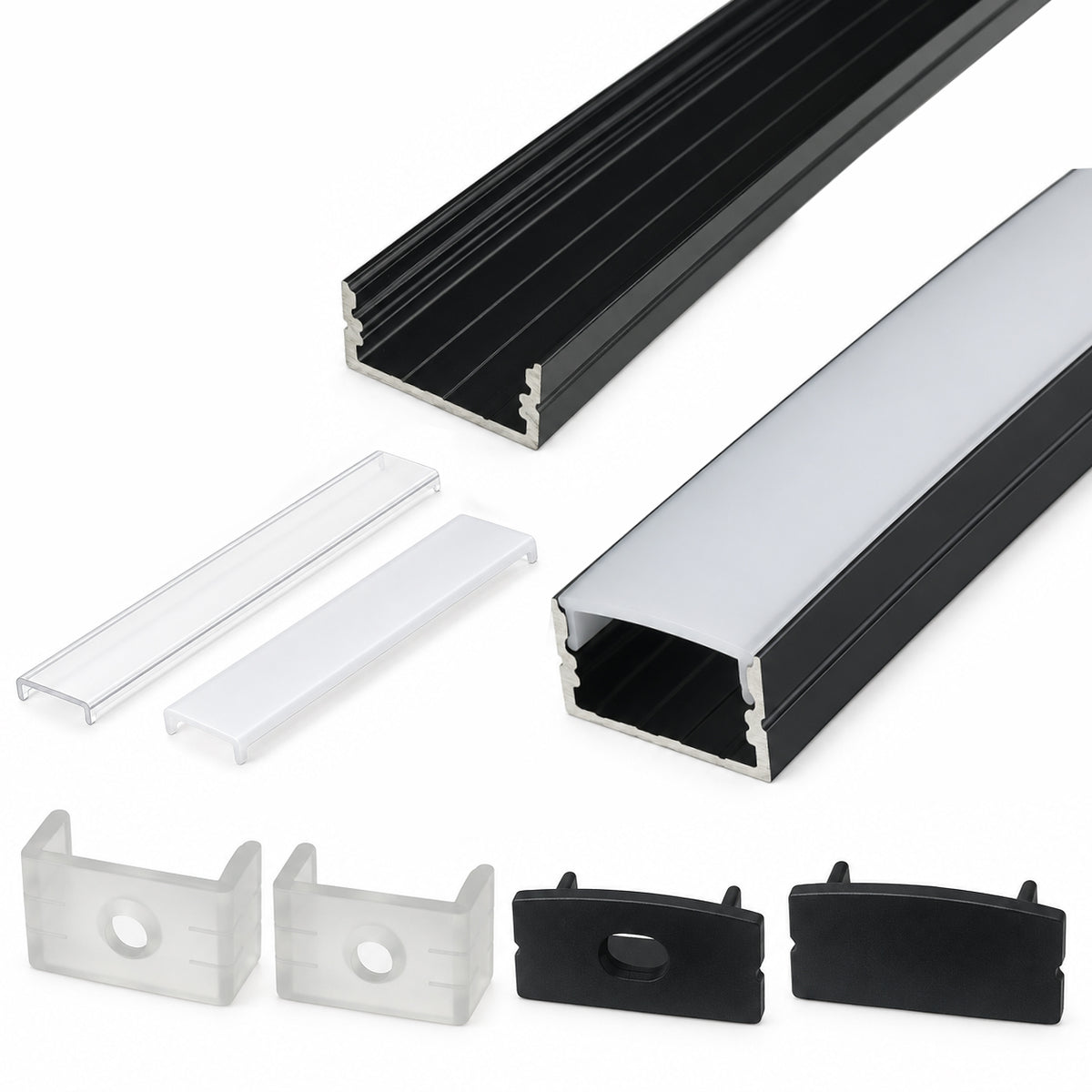 Black U04 10x23mm U-Shape LED Aluminum Channel, 20mm Inner Width, with Cover, End Caps & Mounting Clips