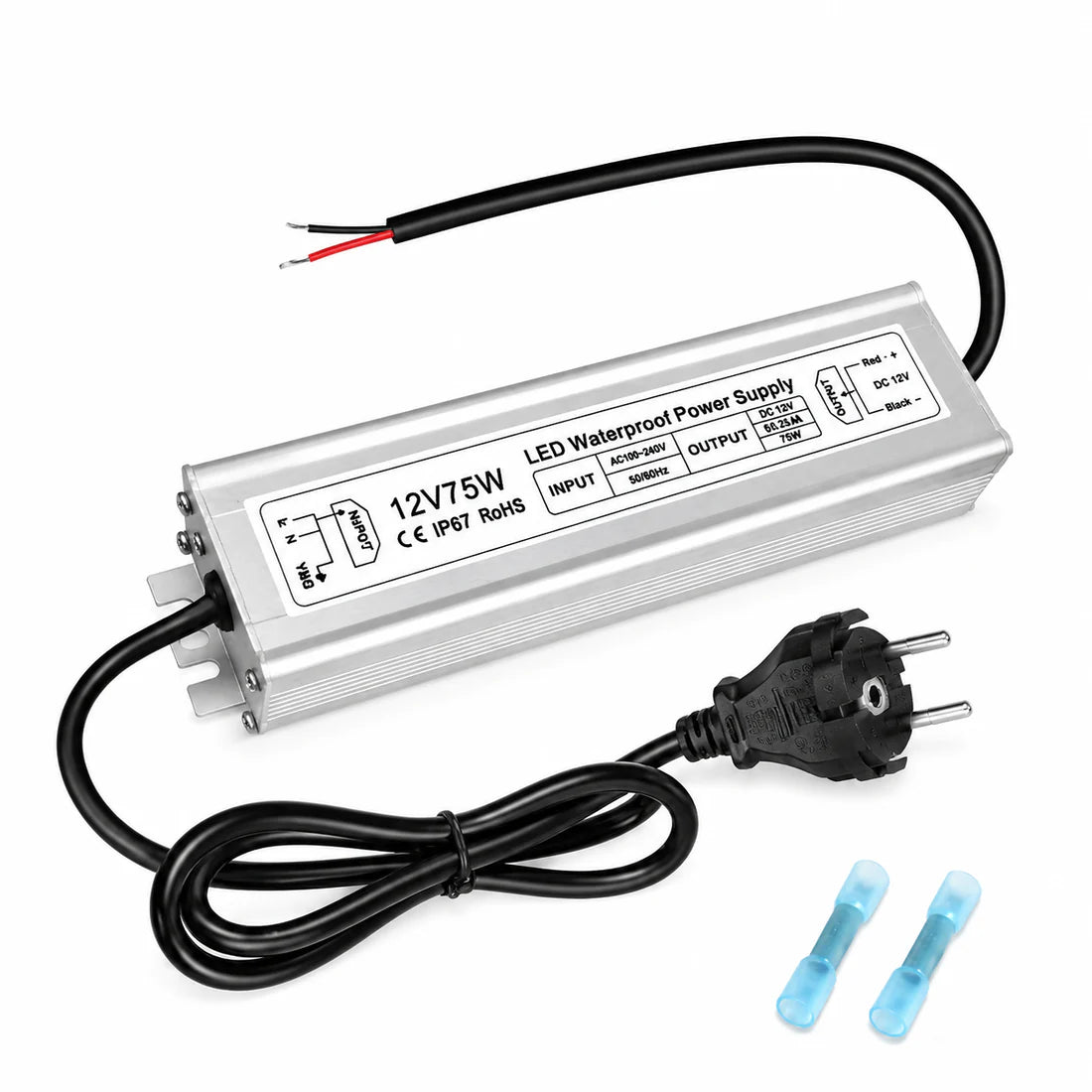 75W 12V Waterproof LED Power Supply, 90-265V Input, Single Output, Aluminum Housing, Outdoor LED Lighting Driver, CE/RoHS/FCC Certified, US/UK/EU Plug