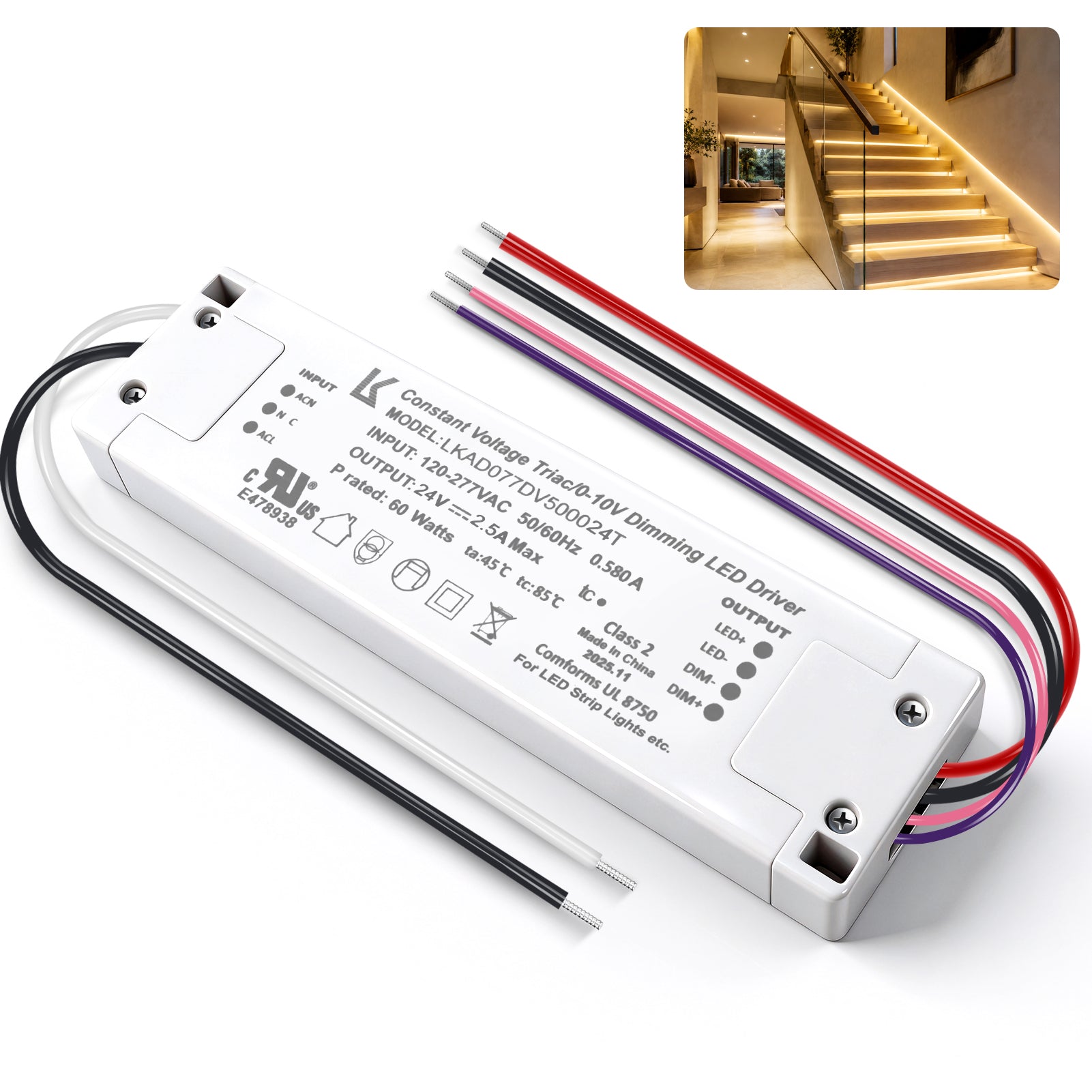60W 24V DC Plastic Case Triac Dimmable LED Driver, UL Listed, AC 120-277V Input, LED Driver for LED Strip Lighting / Under Cabinet Lighting / Home Ambient Lighting