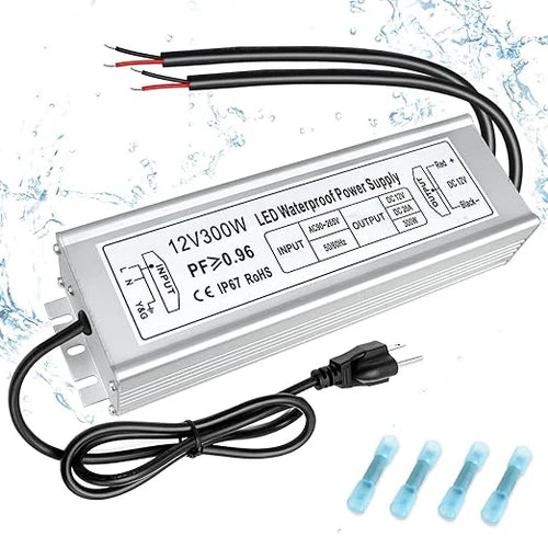 300W 12V/24V Waterproof LED Power Supply, 90-265V Input, Single/Dual/Triple Wire Output, Aluminum Housing, Outdoor LED Lighting Driver, CE/RoHS/FCC Certified, US/UK/EU Plug
