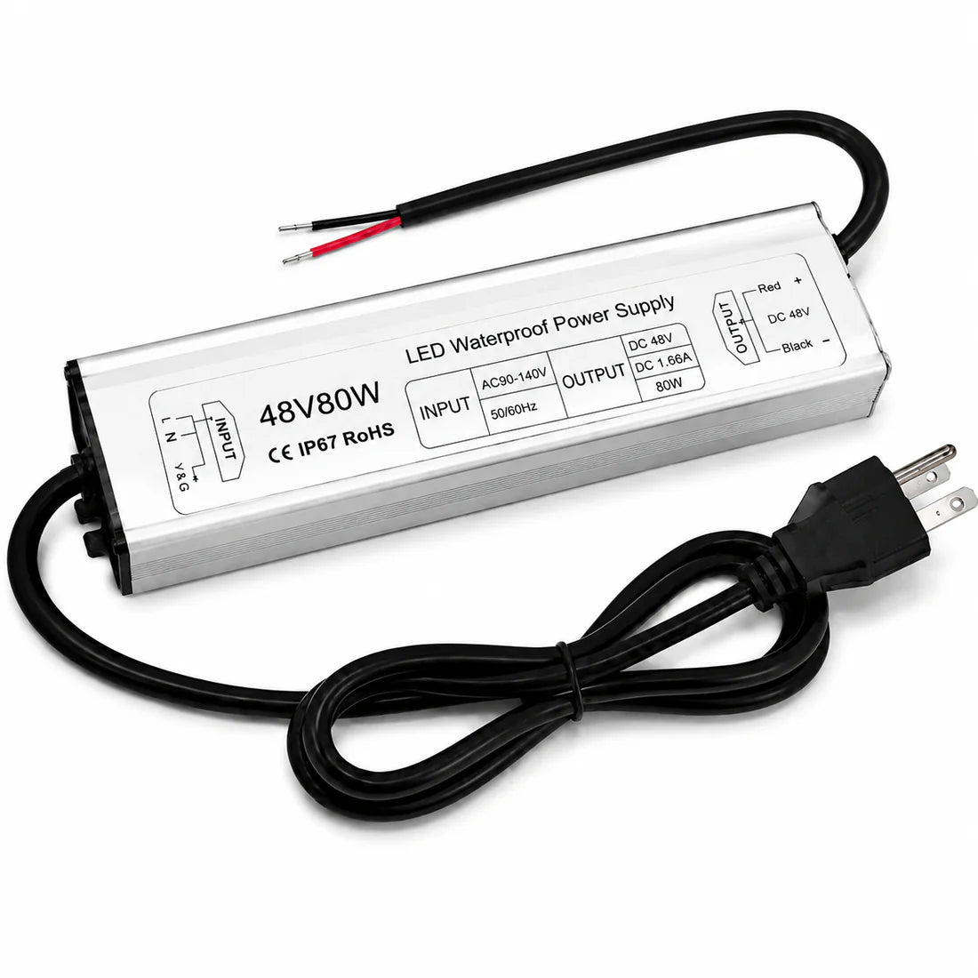 80W 12V/24V/36V/48V Waterproof LED Power Supply, 90-265V Input, Single Output, Aluminum Housing, Outdoor LED Lighting Driver, CE/RoHS/FCC Certified, US/UK/EU Plug