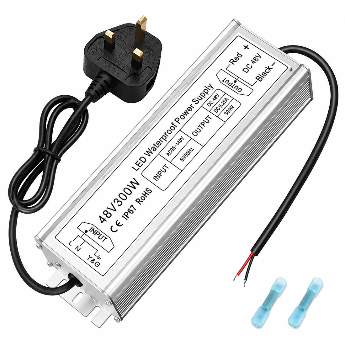 300W 36V/48V Waterproof LED Power Supply, 175-265V Input, Single Output, Aluminum Housing, Outdoor LED Lighting Driver, CE/RoHS/FCC Certified, UK/EU Plug