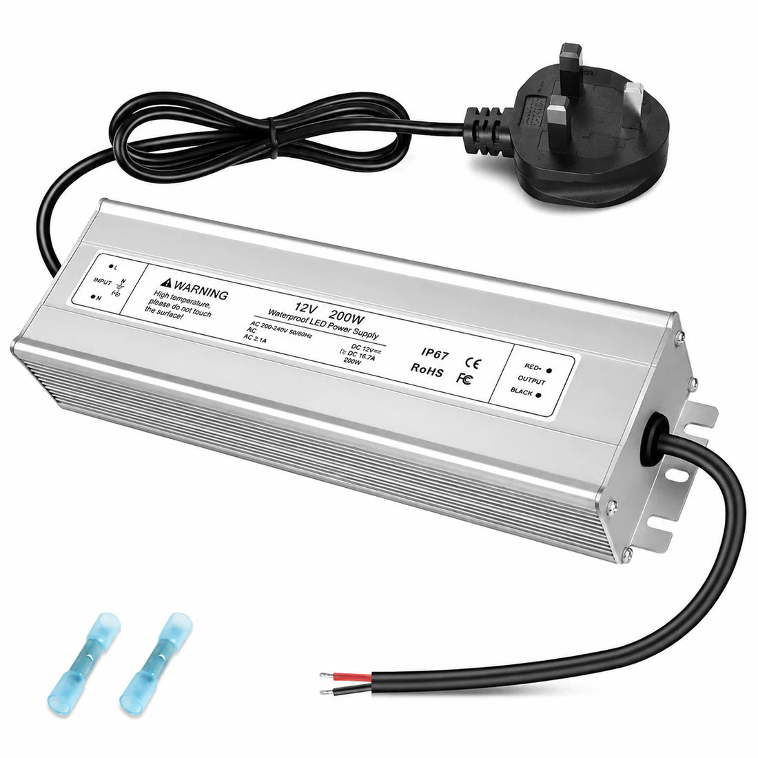 200W 12V/24V/36V/48V Waterproof LED Power Supply, 175-265V Input, Single/Dual Output, Aluminum Housing, Outdoor LED Lighting Driver, CE/RoHS/FCC Certified, UK/EU Plug