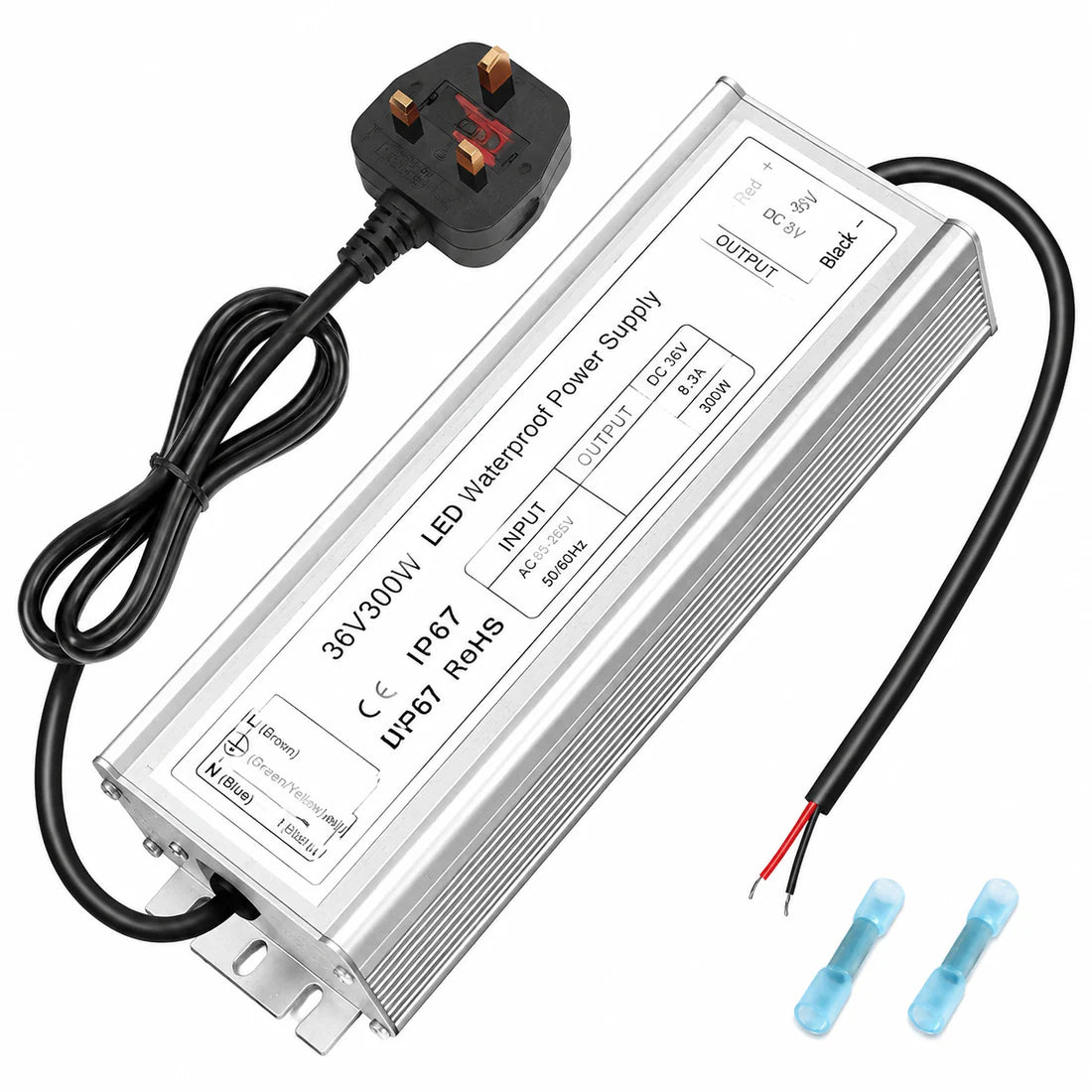 300W 36V/48V Waterproof LED Power Supply, 175-265V Input, Single Output, Aluminum Housing, Outdoor LED Lighting Driver, CE/RoHS/FCC Certified, UK/EU Plug