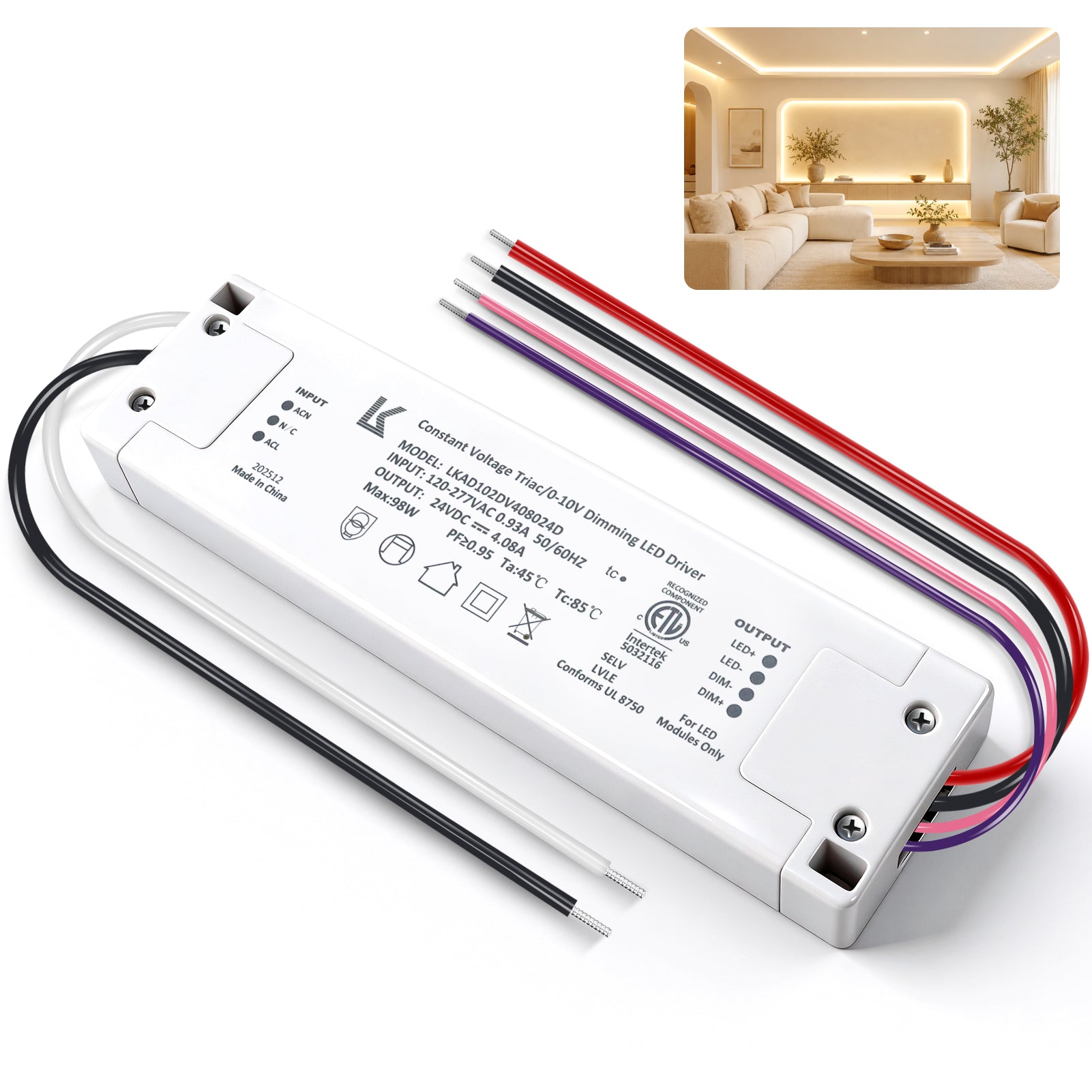 100W 24V DC Plastic Case Triac Dimmable LED Driver, ETL Listed, AC 120-277V Input, LED Driver for LED Strip Lighting / Under Cabinet Lighting / Home Ambient Lighting