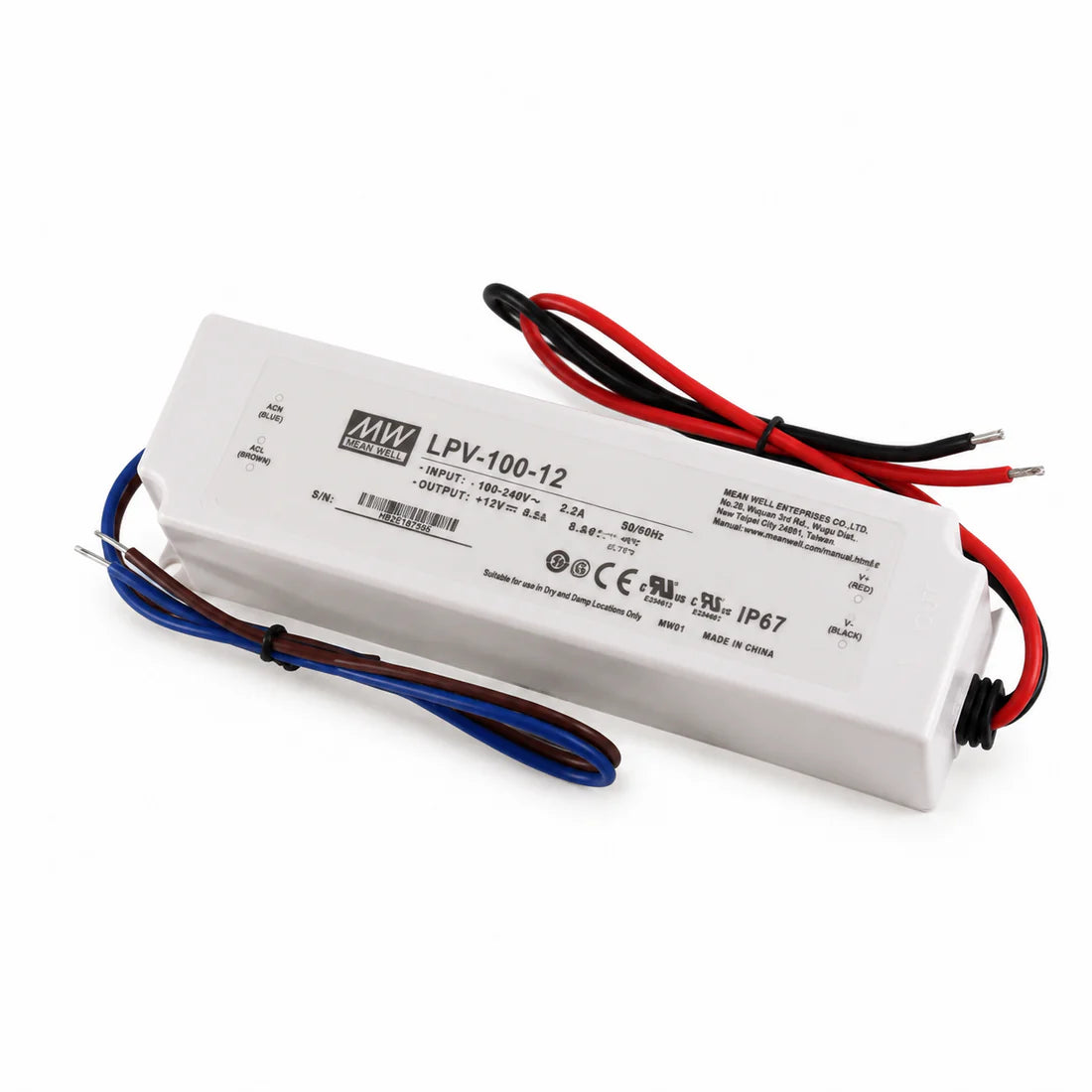 MEANWELL LPV Series 100W IP67 Waterproof Switching Power Supply, 12V/24V DC Output, AC90-264V Input, UL/CE Certified, Plastic Housing, Outdoor Power Supply