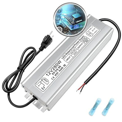 280W 12V/24V Waterproof LED Power Supply, 90-265V Input, Single Output, Aluminum Housing, Outdoor LED Lighting Driver, CE/RoHS/FCC Certified, US/UK/EU Plug